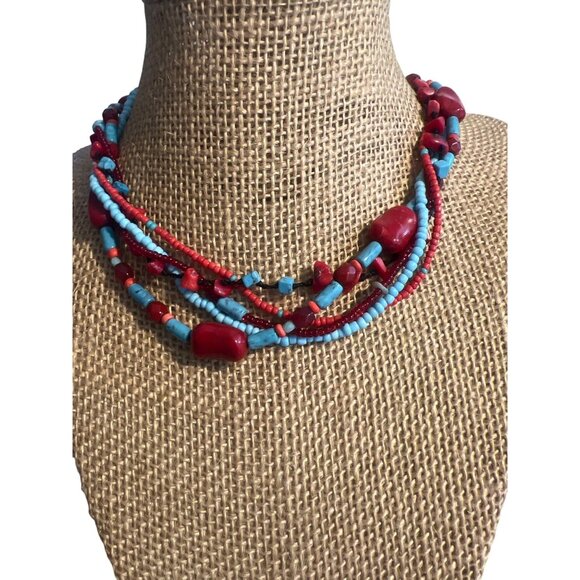 Southwestern Multi Strand Simulated Red Coral Howlite Necklace Antique Gold Adj - Picture 1 of 5
